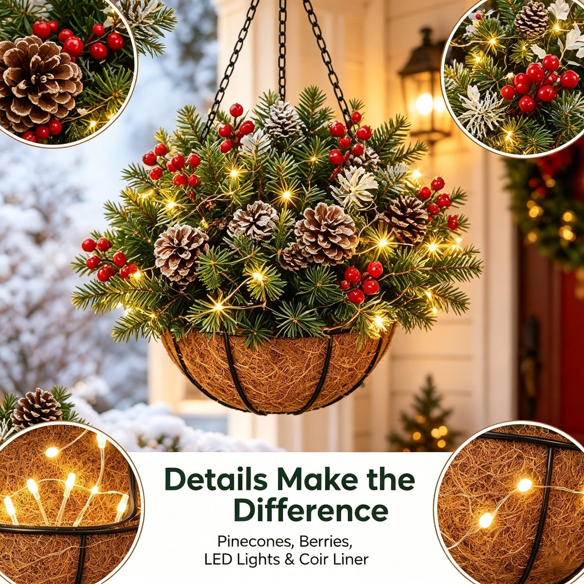 Pre-Lit Christmas Hanging Basket – Warm Evergreen Porch Décor
