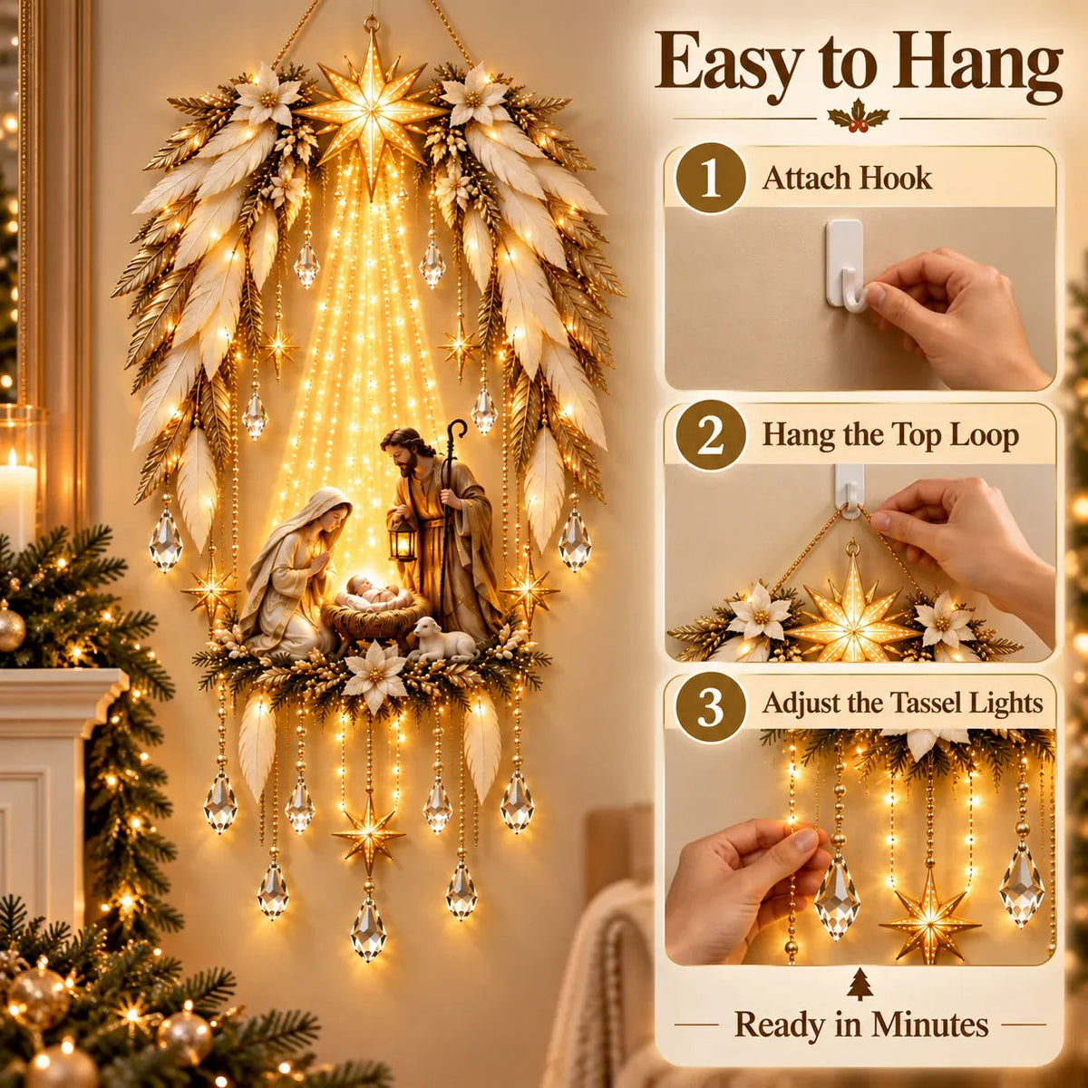 3D Heavenly Angel Wings Nativity Light – Lighted Christmas Wall Decor